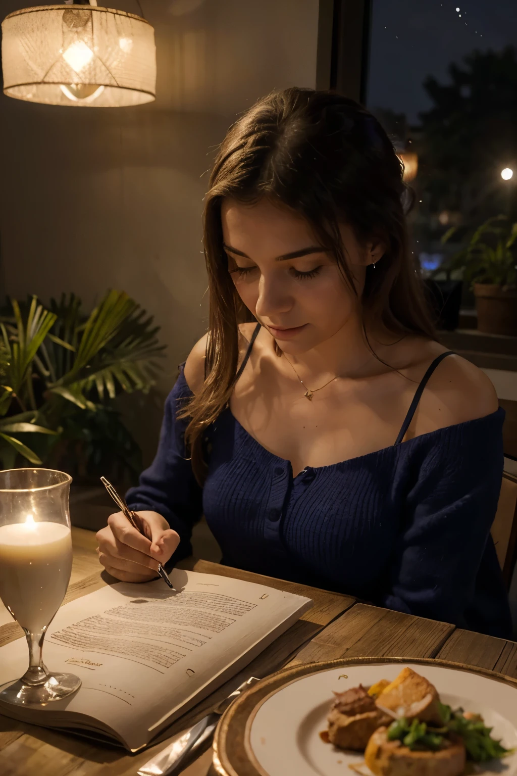 genera una imagen de una chica en velada romantica , cuidar detalles, con mesa afuera de la casa en horas de la noche a luz de luna , cuidar detalles de las manos , y cara , sentada en restaurante foto hiper realista