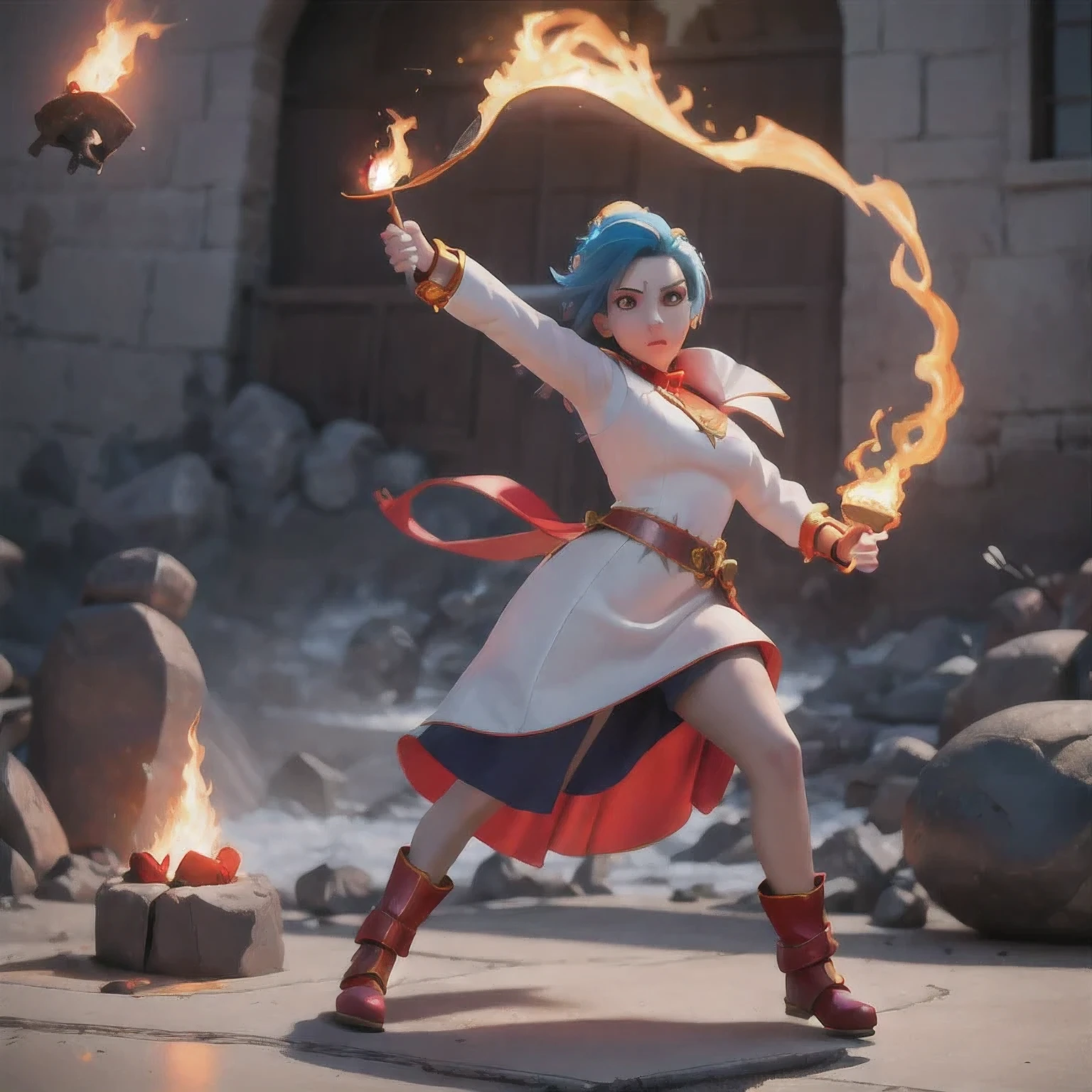 there is a girl with blue hair and a white dress holding a fire, ice sorceress, the sorceress casting a fireball, fantasy character photo, casting fire spell, (octane render) fantasy style, ice and fire, a sorceress casting a ice ball, realistic fantasy render, she has fire powers, ice mage, fantasy photoshoot , arafed(((Perfect college student))