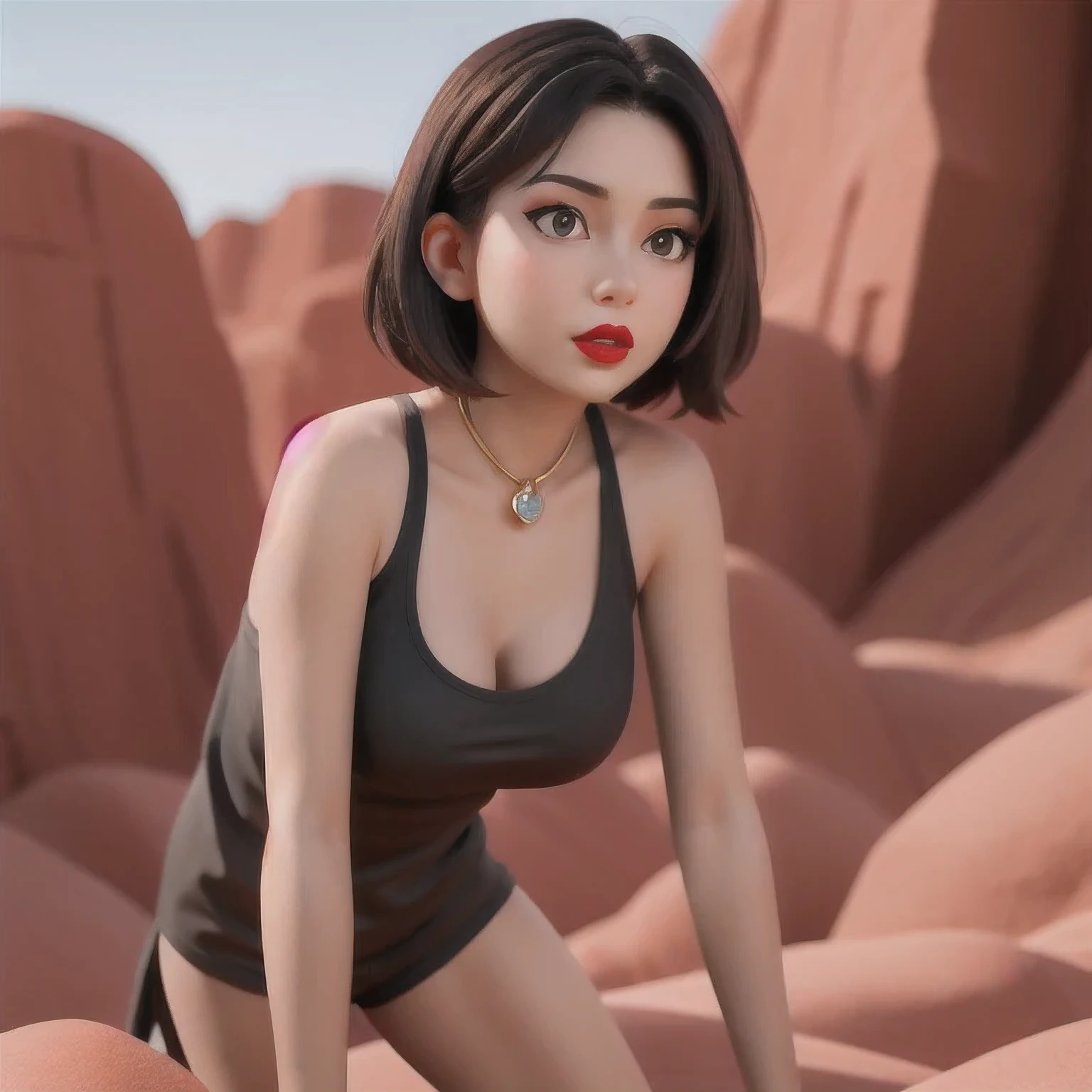 （（（1 Girl）））1 Girl
3d
bare shoulders
black eyes
black hair
blurry
blurry background
breasts
brown eyes
depth of field
leaning forward
lips
lipstick
looking at viewer
makeup
nose
outdoors
realistic
red lips
short hair
shorts
solo
tank top，(Desert Abyss)
