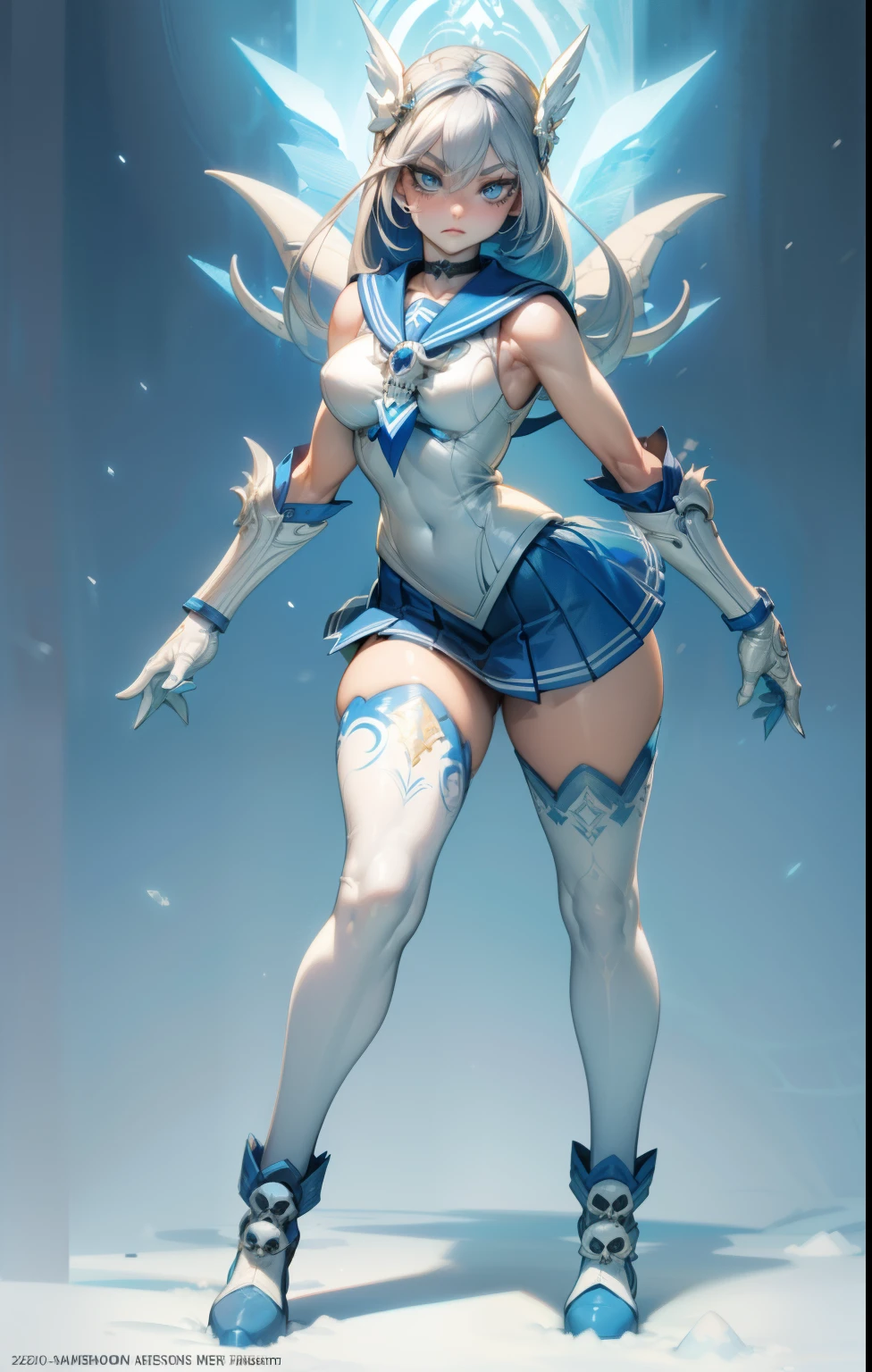 ((best quality)), ((official art)), ((masterpiece)), textile shading, ((ultra-detailed)), solo, full color, (1girl, solo, bssmsuperoutfit, circlet, white leotard,,blue sailor collar, sleeveless, heart brooch, miniskirt, white gloves, hairstyle, hairlength , detailed face, (full body:1.1)), (in nature) (best quality, highres, ice skull:1.1), ice skull, girl style, thick body art, detailed facial features, icy blue eyes, glossy lips, long eyelashes, porcelain skin, blue and silver color scheme, intricate skull design, realistic texture, vibrant colors, elaborate background, mysterious atmosphere, frozen garden, snow-covered trees, sparkling ice crystals, surreal lighting, fantasy elements