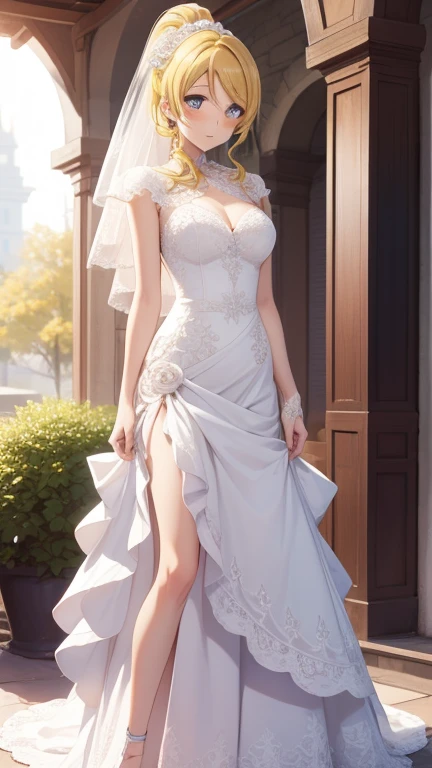 eliayase, eli ayase, yellow hair, blue eyes, ponytail, hair ribbon, masterpiece, best quality, high resolution, unity 8k wallpaper, illustration, beautiful detailed eyes, blush, glossy lips, lips parted, perfect lighting, extremely detailed CG, perfect anatomy, wedding dress, garden, (full body)