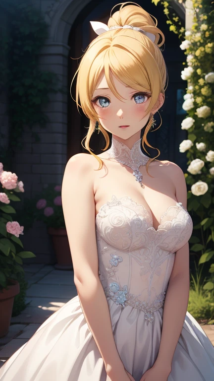 eliayase, eli ayase, yellow hair, blue eyes, ponytail, hair ribbon, masterpiece, best quality, high resolution, unity 8k wallpaper, illustration, beautiful detailed eyes, blush, glossy lips, lips parted, perfect lighting, extremely detailed CG, perfect anatomy, wedding dress, garden, (full body)