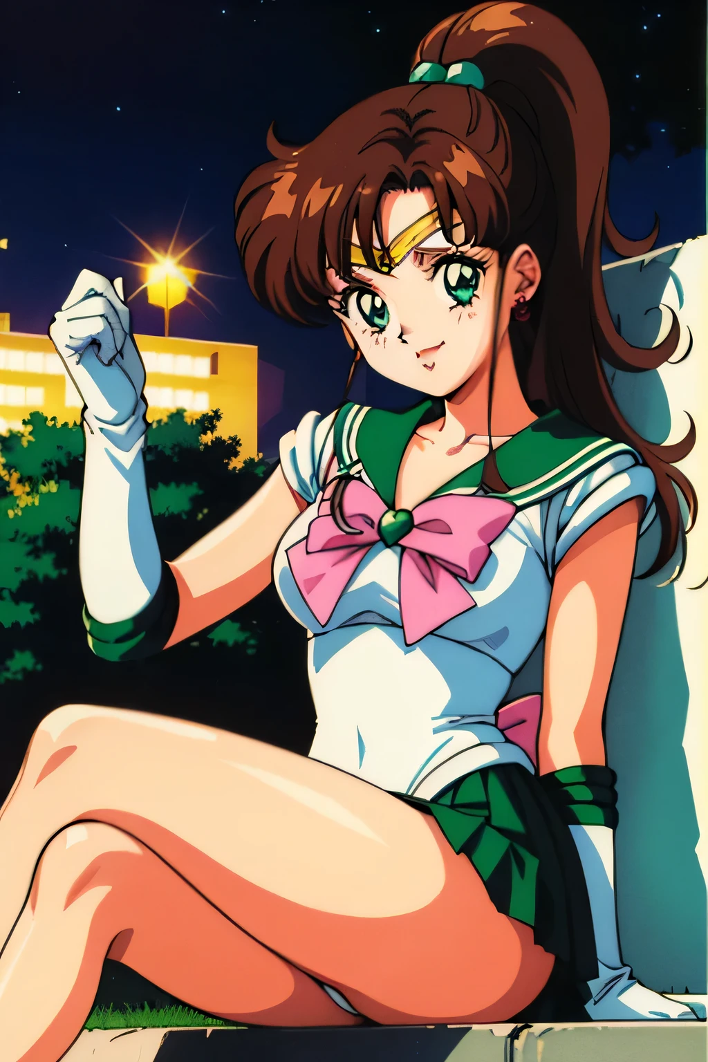 best quality, high resolution, 1990s \(style\), retro artstyle, 1990s anime cels style, night, sailor jupiter, sitting, sailor senshi uniform, green sailor color, white gloves, green pleated skirt, pink ribbon, ponytail, (clothed:1.3), jewelry, earring, smiling
