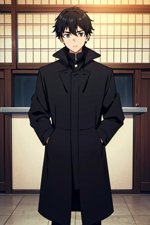 Boy 16 years old black hair Black coat Black
