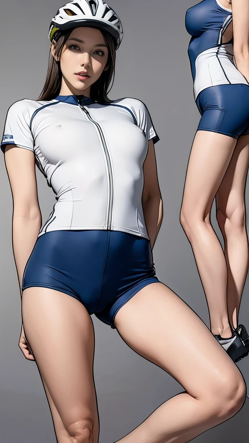 ((masterpiece)),(((best quality))),((Character Design Sheet)),Thin thighs,Long legs,No big deal ,Wear cycling clothing and a cycling helmet