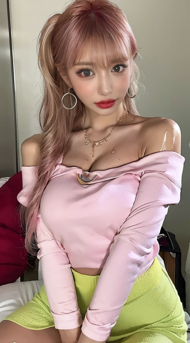 masterpiece, 8k, Award-winning photo, photoRealistic, Realistic, Very detailed, Ultra-high resolution, Japanese Idols少女,Mature Woman,Wavy hair with bangs,(Bright rouge lips)　, ///one person, The most beautiful, 20-year-old , (sexy, Japanese Idols), (Pink Hair:1.3),ponytail///Human details Shiny skin , Detailed skin , Beautifully detailed face , Beautiful details , ///  (double eyelid, Droopy eyes), (Brightly colored large breasts:1.2), Sunburn, ///((Crossing your legs)), ///(Bedroom:1.3), Blurred Background, /// jewelry,Earrings,necklace,(sexyな唇:1.5),(whole body,1 person,A tall beautiful woman is standing:1.5),plump,((Off-the-shoulder blouse)),,
///Finished ultra-Realistic textures, RAW Photos,Shine,(Your body is wet .:1.6)