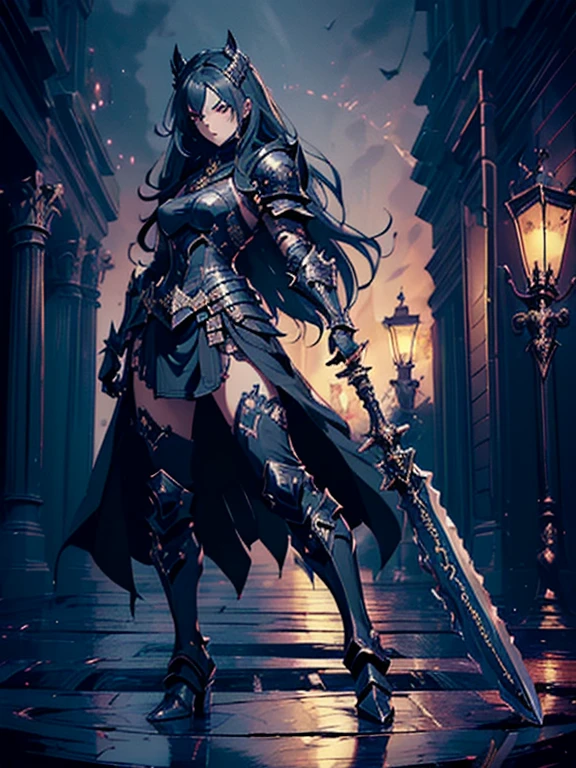 (((masterpiece, best quality, 8k))) Design a layout showcase Gaming character, (1girl),((perfect face, high detailed face)). Black+Gold clothes, opulent and dark, ((showcase weapon:1.4)), cursed blade, (masterpiece:1.2), (best quality), 4k, ultra-detailed, (Step by step design, layout art:1.5), (gloomy lighting, cursed atmosphere), dark knight, ((cursed gloves)), (((revealing armor:1.3))), dark vambraces, cursed boots, (((full_body_shot:1.4)))