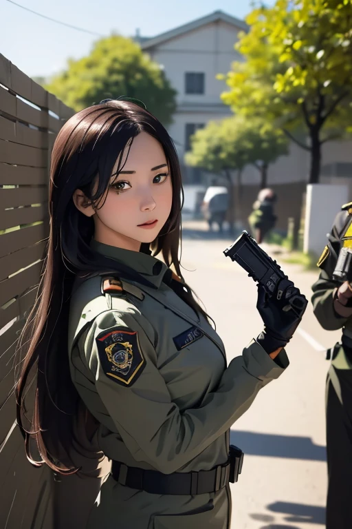 survival game、Black combat uniform、survival gameのフィールド、A beautiful girl is holding a pistol、head to waste、