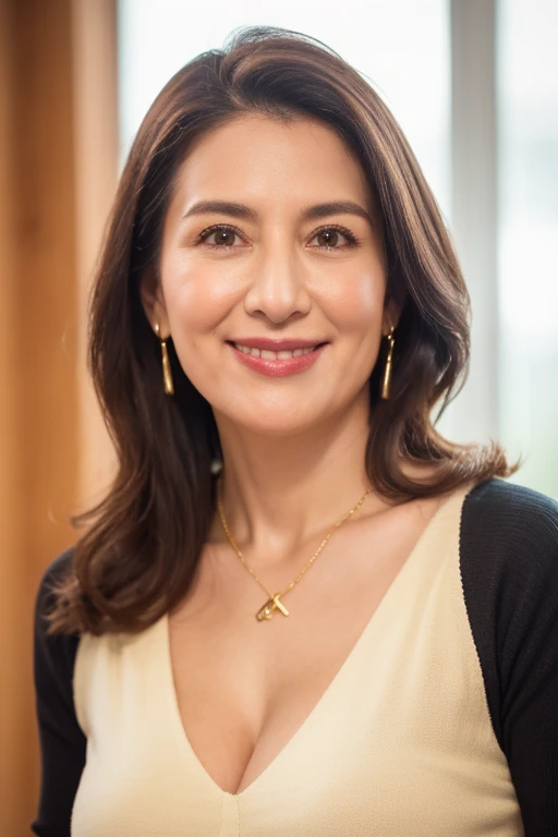 Tabletop, Photorealistic, highest quality, complex and delicate, 8k wallpaper, highest quality, masterpiece, Realistic, Ultra-detailed, One woman, Beautiful 60 year old woman, Slim figure, (((Look forward))), Symmetrical, (((Look at the viewers))), Dynamic Lighting, Volumetric lighting, Highly detailed face, Long Hair, Yellow sheer V-neck knit sweater, Shapely small breasts, Cleavage, Giddy Smile, Gold necklace, Gold earring, Wrinkles around the eyes,