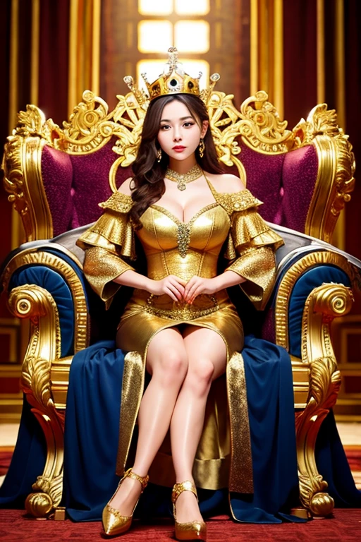 A woman with a very large bust sits on a throne with her legs crossed、Wearing a golden dress、He is wearing a magnificent crown and is guarded by a knight.、The throne is very large and luxurious.