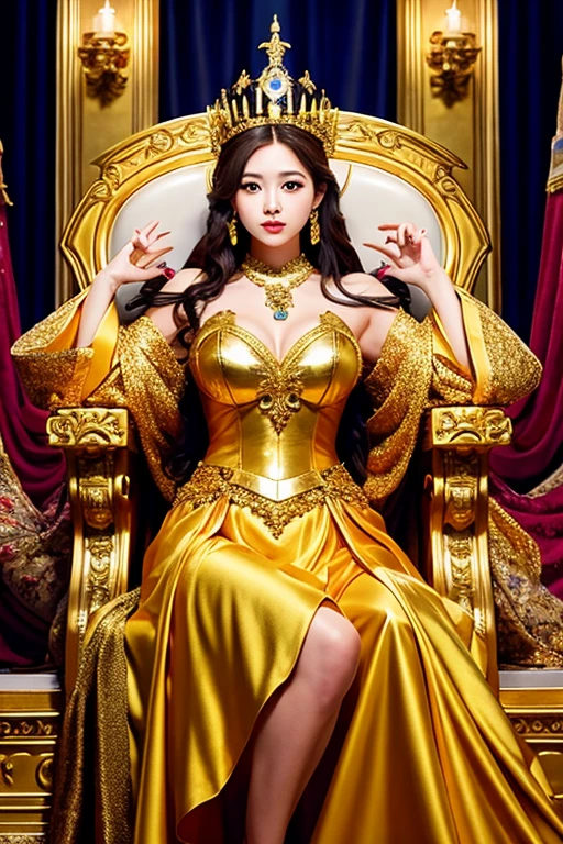 여자 1명, gold off-shoulder dress, detailed and ornate headdress, adorned with what appears to be crystals or gems, high heels,Hourglass body shape, 16k, realistic
