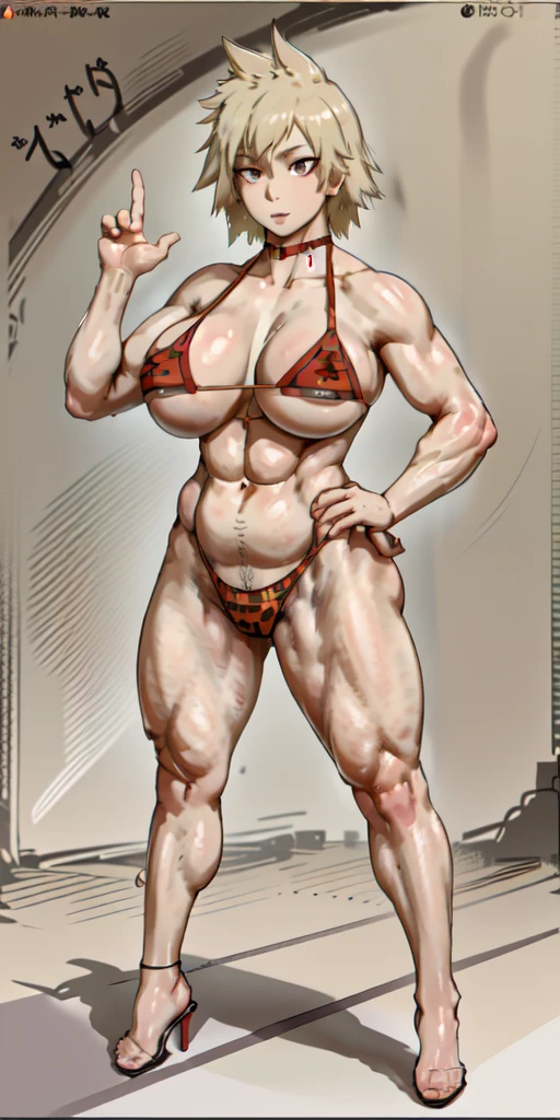 (full body shot, masterpiece, best_quality, plain background, ultra-detailed, immaculate:1.2)
m1tsuk1, solo, red eyes, short blonde hair, female focus, happy close mouth reed cheeks, looking at viewer, bikini, heels, standing, hand on hip,