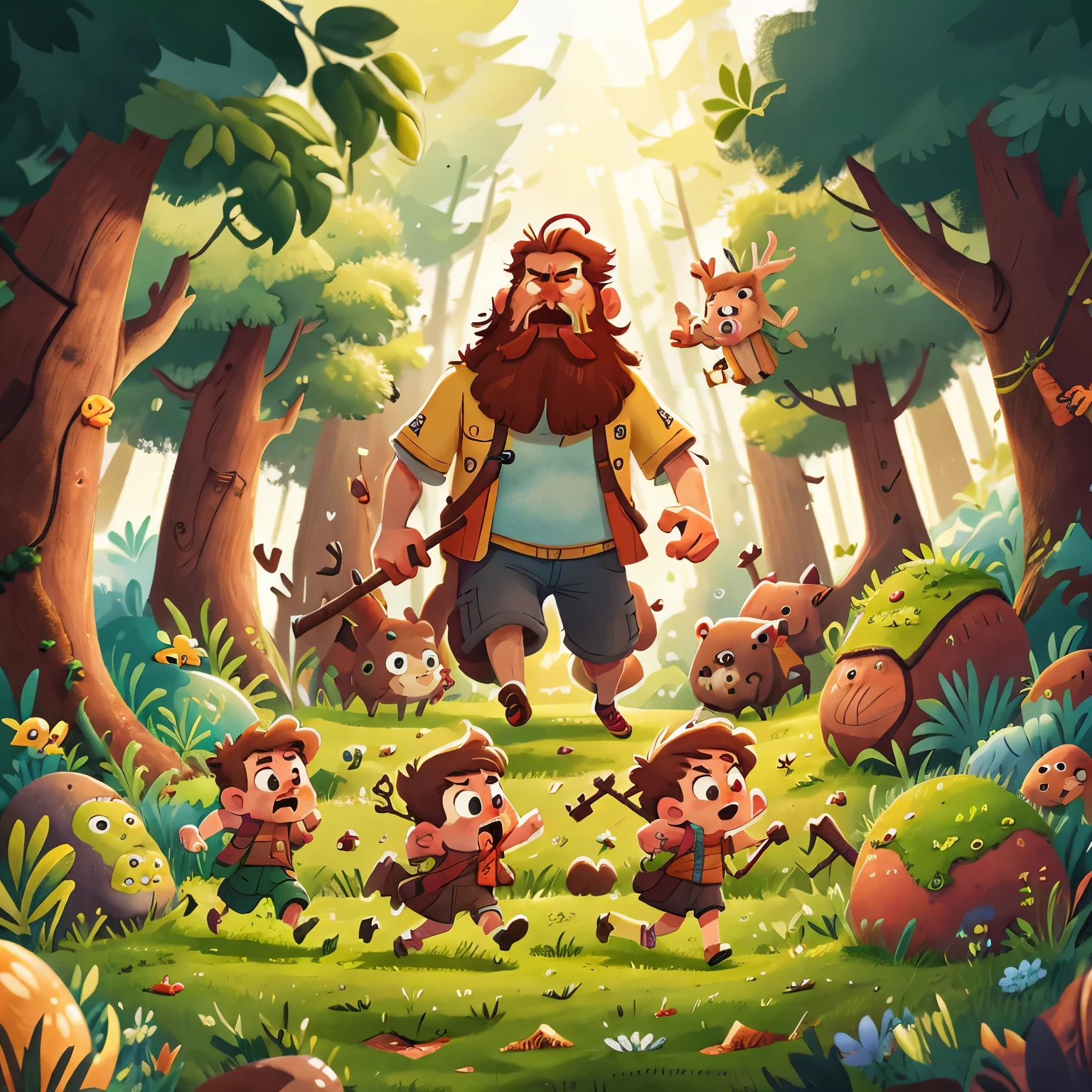 [[[Super detailed, best quality, beautiful, 4K, detailed faces, medieval story, persecution, action]]], a bearded man are Running after a deer with an axe in the florest, hide and seek, Running , Brown hair, blue eyes, angry, ((Stressed face,Focused)), full body, garden, florest, cozy home garden