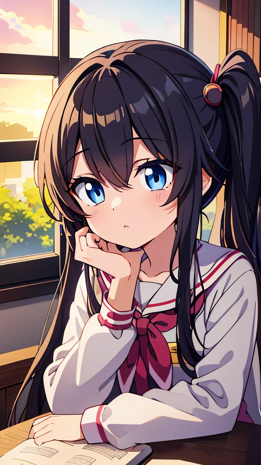 bangs, long hair, hair over eyes, pensive, side ponytail, anime style, UHD, masterpiece, textured skin, highres, best quality, A high school girl rests her chin on her desk while opening a notebook in the library, In the evening, the setting sun is shining through the window