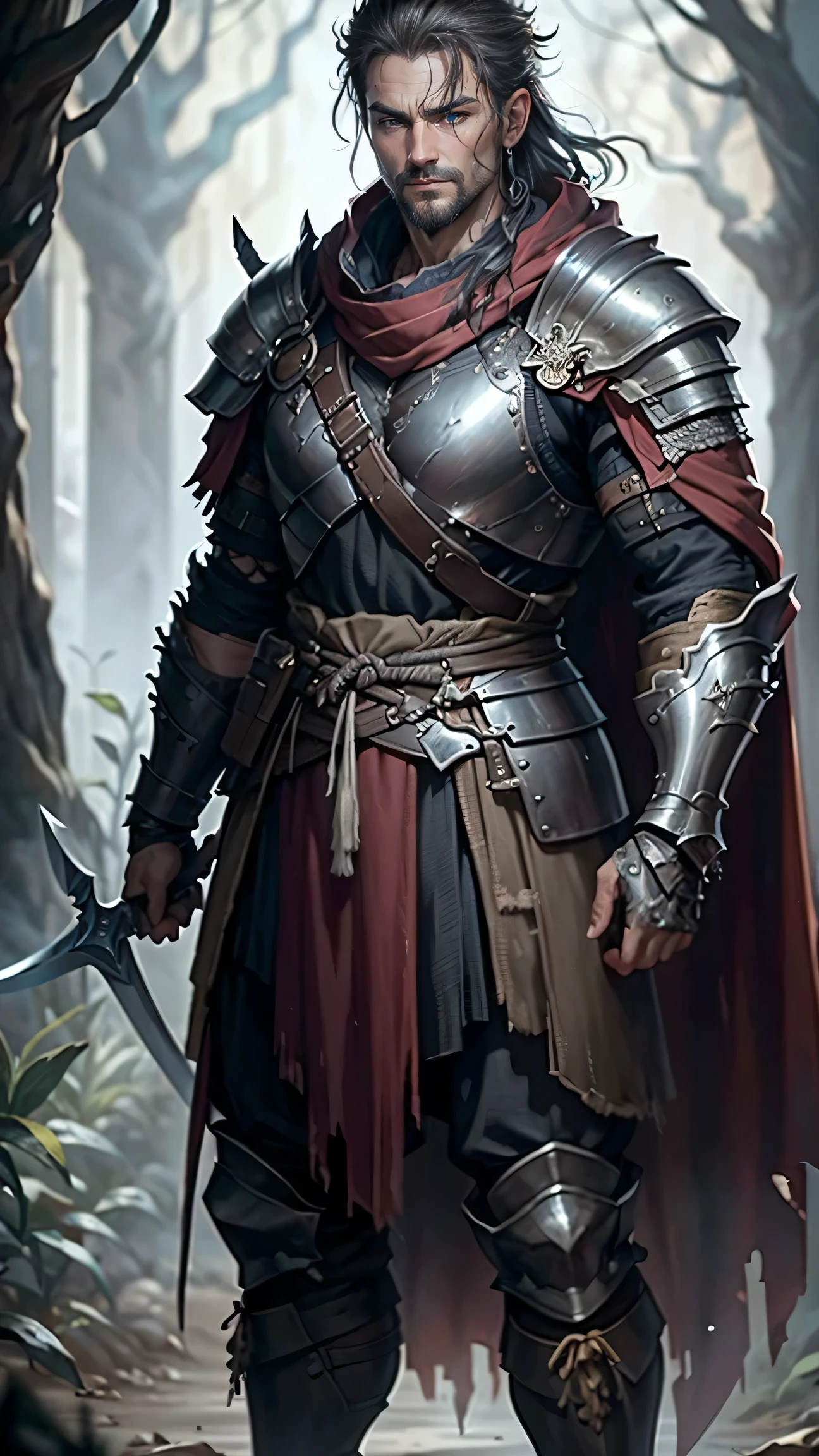 highest quality、masterpiece、8k、Realistic、超High resolution、Very delicate and beautiful、High resolution、Cinema Lighting、medium range shooting、Portraiture、Perfect Male Body、Opposition、Looking at the audience、((Otherworldly mercenaries、Armor full of scratches、Sharp Sword、Muscular body、Rugged appearance、Deep scars、Rough hair、Sharp Eye))、Adventure Gear Bag、Worn boots、Combat skills、Rude smile、Multiple weapons、Battle scars、Combat Tattoos、Battlefield of Another World、Experienced、Combat Sense、Strong Will、Old Cloak、Dark Work、Battle fame、Reward Gold Bag、Rude language、Loyalty to friendship、Tavern in Another World、People who walk a difficult path々、contract、strategy。