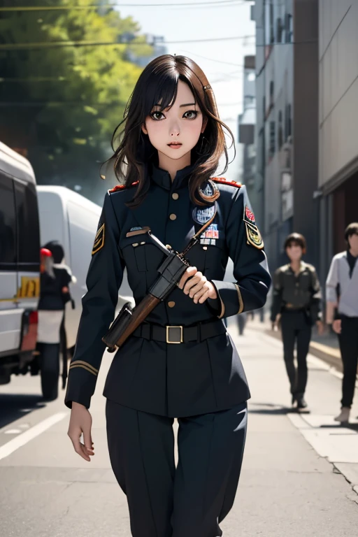 survival game、Black combat uniform、survival gameのフィールド、A beautiful girl is holding a pistol、head to waste、