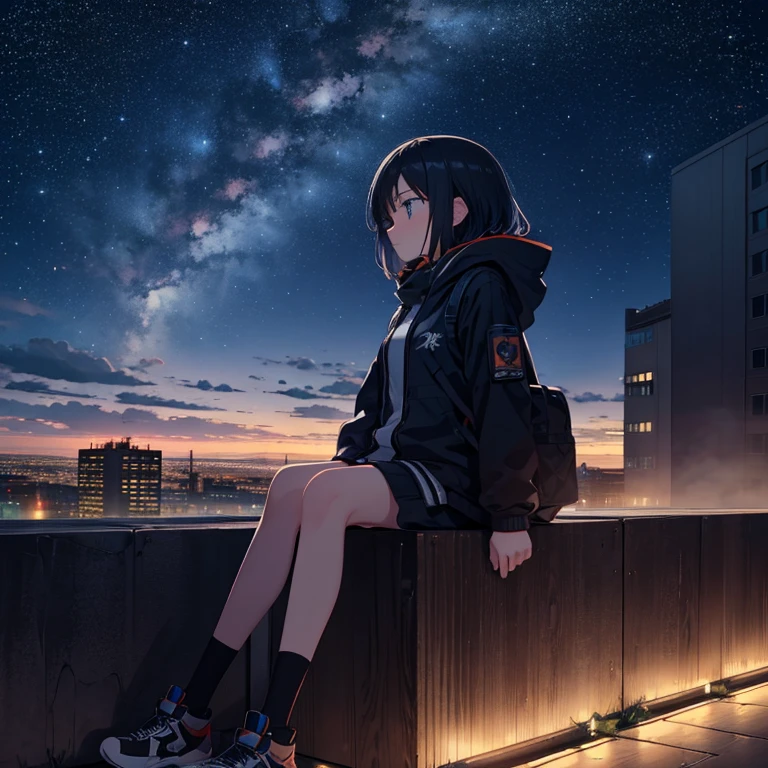 Octane, null, star (null), scenery, starry null, night, One girl, night null, alone, Outdoor, building, cloud, milky way, Sitting, wood,Bob Hair, city, silhouette, cityscape、masterpiece