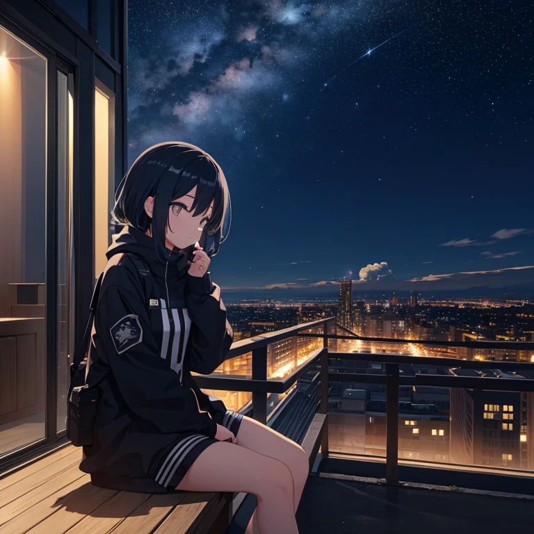 Octane, null, star (null), scenery, starry null, night, One girl, night null, alone, Outdoor, building, cloud, milky way, Sitting, wood,Bob Hair, city, silhouette, cityscape、masterpiece