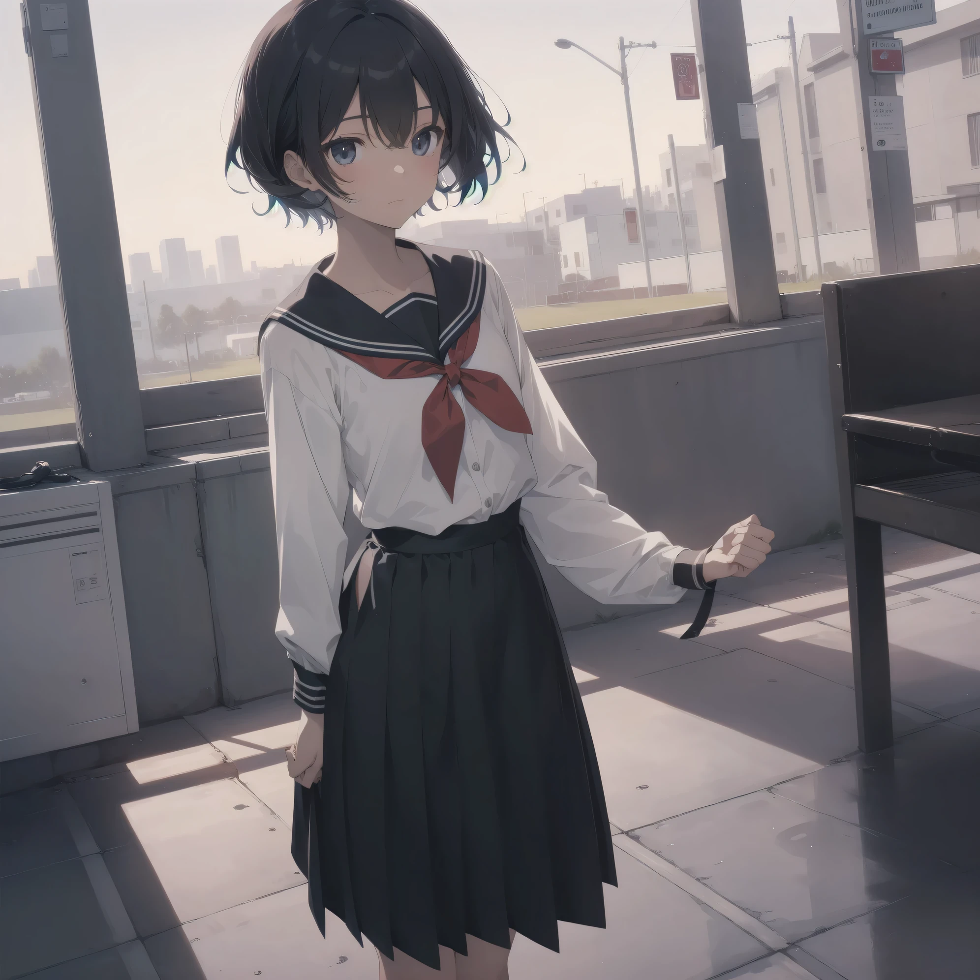 ultra-absurdres-Top quality by artist God, ultra-detailed, high resolution, anime moe artstyle, best anime 8k konachan wallpaper, pixiv contest winner, pool:2810, perfect anatomy,break, 1girl, (Please draw a girl walking sleepily to school alone. )break,(Solo,little female, 13-year-old:1.3),Full limbs, complete fingers,a junior high school student, (very short hair), short cut, flat chest, , small butt, small black eyes, beautiful detailed eyes, well-proportioned iris and pupils, expressive eyes, highres detailed hair, soft expression, salor school_uniform, sailor collar, serahuku, bow, pleated skirt,(Detailed Lighting), (Detailed background), in the School commute route. break,super detailed skin, Best cinematic lighting powered by famous artist, 8k,beauty illustration,photoshop_(medium),very aesthetic,break,((artist:drawfag )), artist:clamp ,artist:carnelian ,artist:kantoku ,
