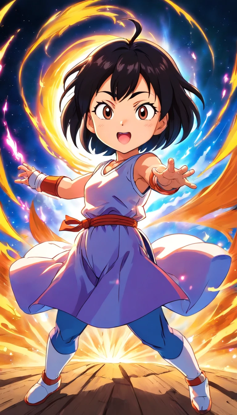 Create an illustration of Maruko from Chibi Maruko-chan, styled as a Dragon Ball Z character. Maruko should have the iconic Dragon Ball Z art style with spiky hair, muscular build, and a determined expression. She should be wearing a Saiyan battle suit, with a dynamic action pose as if ready for battle, and surrounded by a glowing aura of energy,such as manga,fighting Frieza, performing a Kamehameha wave