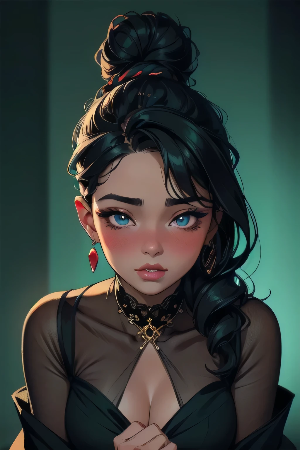 Amazing portrait of a sexy woman with a beautiful face emphasized by amazing makeup and beautifully detailed eyes with perfect lips wearing her black hair in a messy bun blushing intensely as she's flustered and lustful wearing some elegant earrings and a black blouse paired with a sheer dark green saree making her look hot with vibrant colors and soft lighting