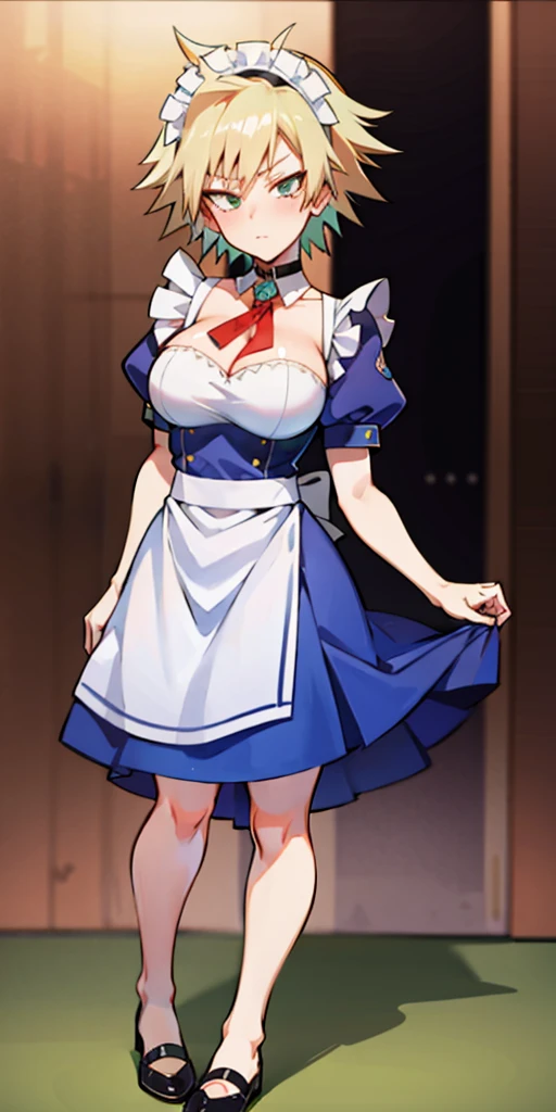 1girl, full body, short blonde hair, green eyes, blue maid dress, mitsuki bakugo from my hero academy