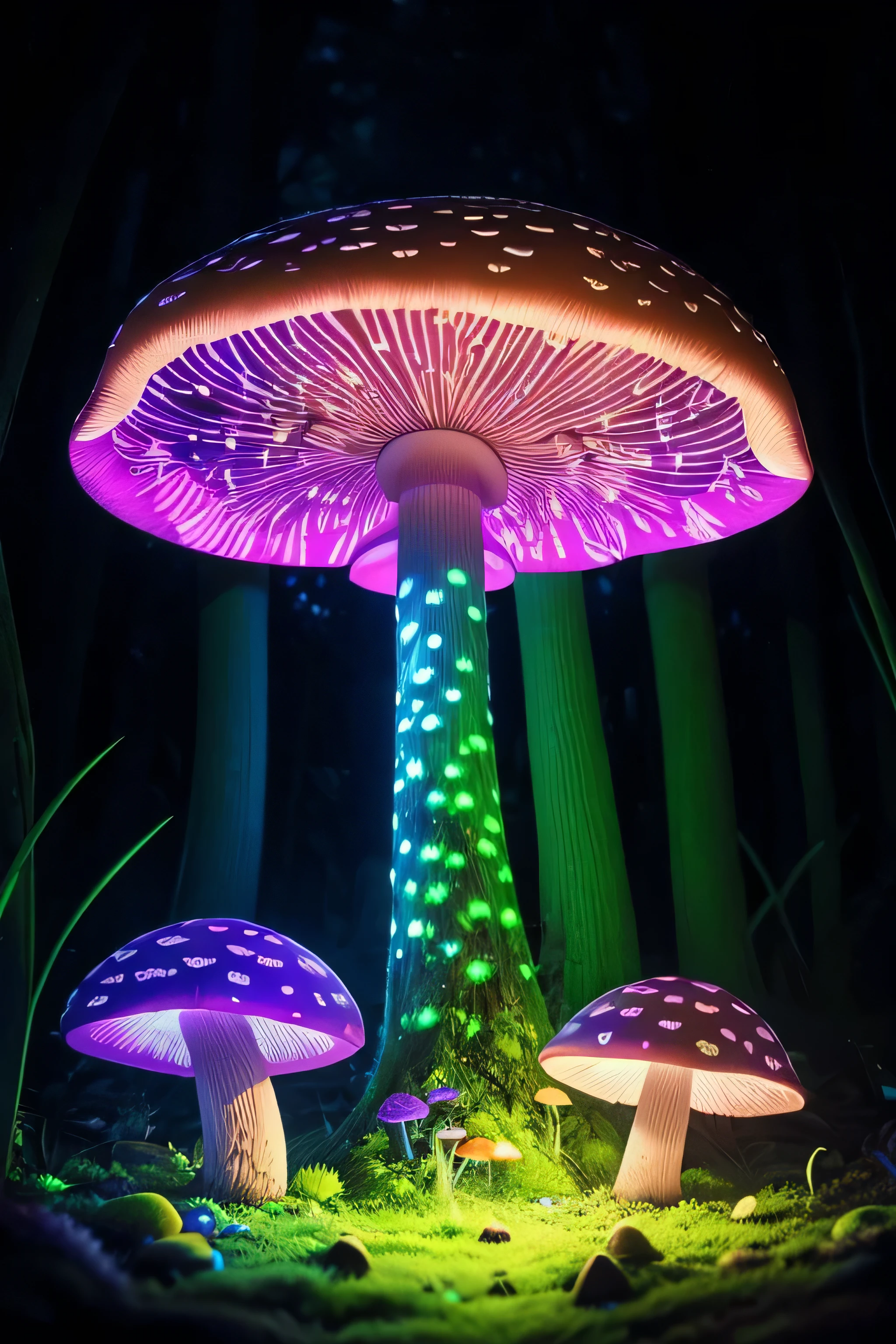 Very detailed neon art, Mushroom Forest, Black Light Tapestry, Amazing photo, Realistic, Art Station, Soft pastel colors, Very detailed, complicated, pathtracing, figure, Very detailed, Shadow Mapping Volumetric Light, Mirror reflection illumination