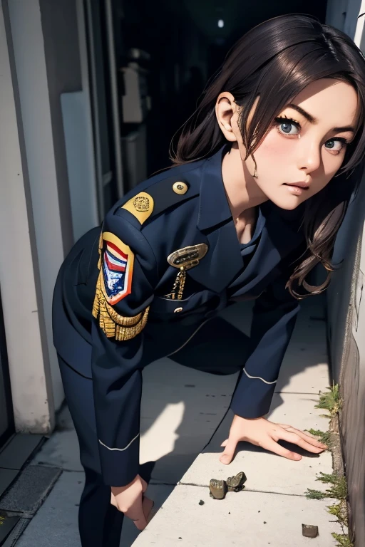survival game、Black combat uniform、survival gameのフィールド、A beautiful girl is holding a pistol、head to waste、