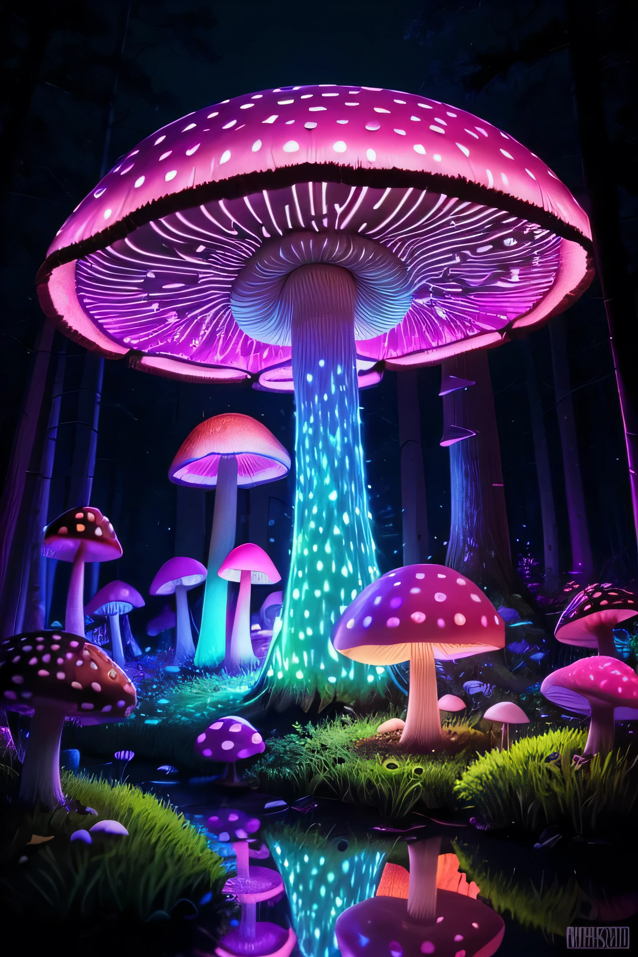 Very detailed neon art, Mushroom Forest, Black Light Tapestry, Amazing photo, Realistic, Art Station, Soft pastel colors, Very detailed, complicated, pathtracing, figure, Very detailed, Shadow Mapping Volumetric Light, Mirror reflection illumination