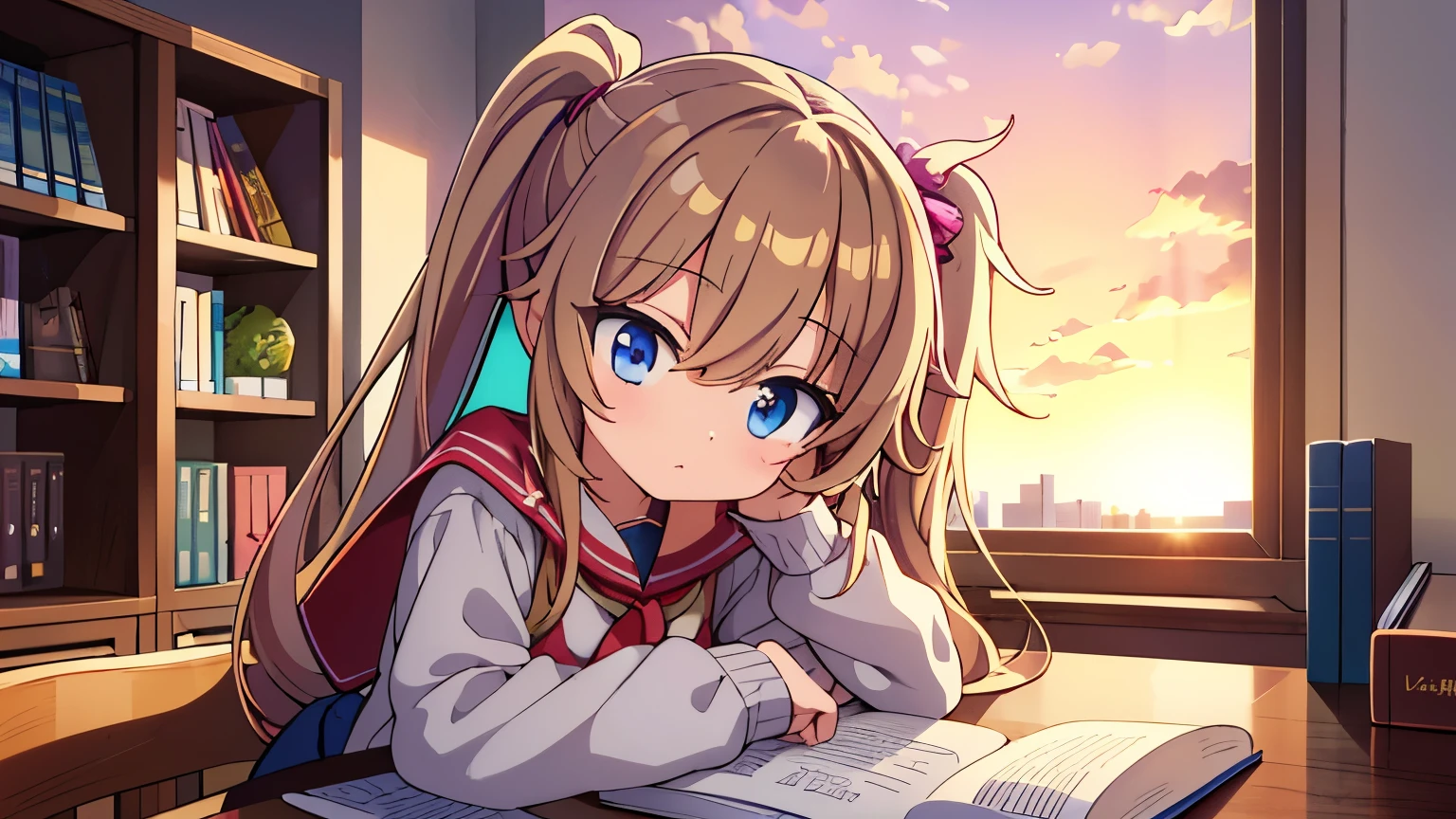 bangs, long hair, hair over eyes, pensive, side ponytail, anime style, UHD, masterpiece, textured skin, highres, best quality, A high school girl rests her chin on her desk while opening a notebook in the library, In the evening, the setting sun is shining through the window