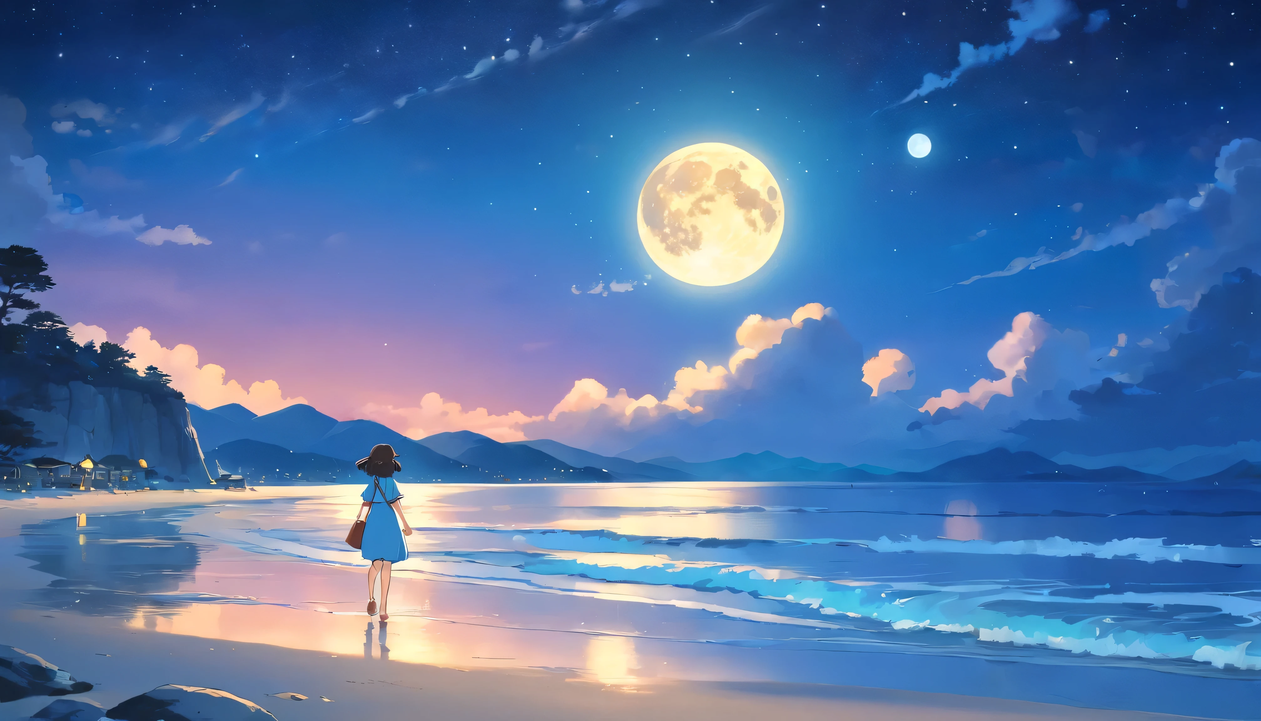 A large full moon is reflected on the rough water、Beautiful beach at night. number, Art Station, concept art, Soft Focus, sharp, shape.Starry Sky、Beautiful night sky、Starry Sky、girl