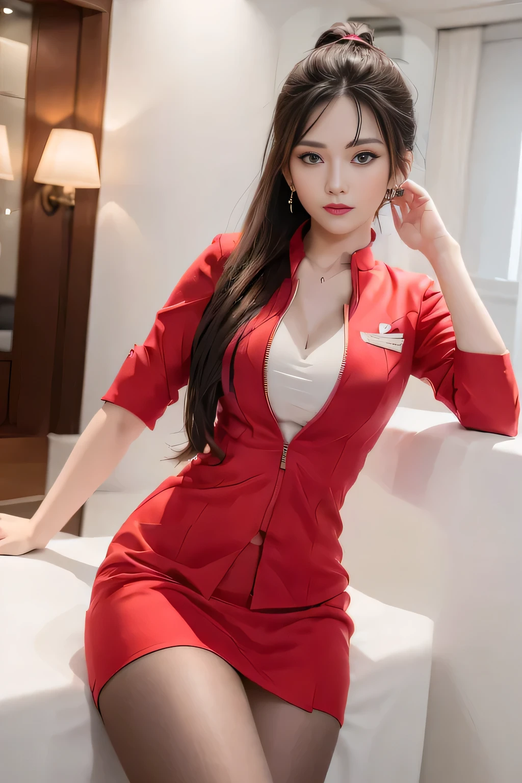 AirAsia red jacket uniform、Long hair down to the legs、Dark brown hair、Hair tied up、Tie your hair back in a ponytail、ponytail、Red rubber band、Luxury earrings、Captivating look、Blue Eyes、22 year old Asian female