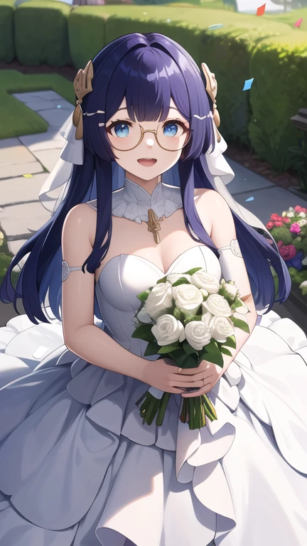 masterpiece, best quality, highres, Pela, long hair, hair ornament, glasses, wedding dress, white dress, strapless, smile, open mouth, garden, holding bouquet, confetti,