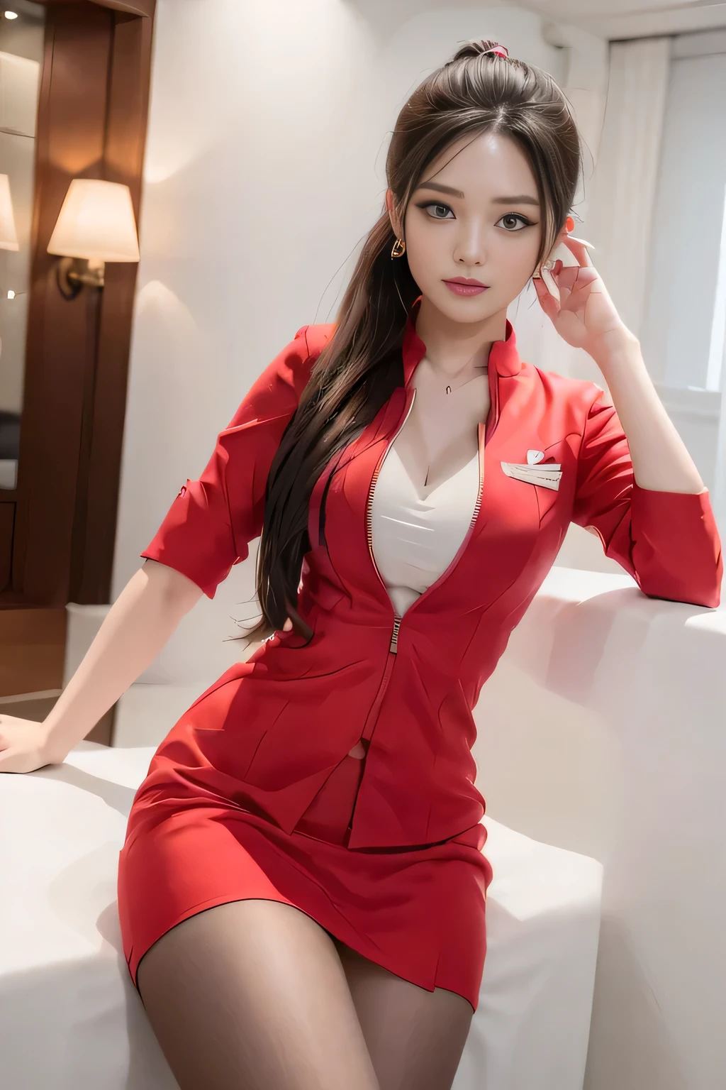 AirAsia red jacket uniform、Long hair down to the legs、Dark brown hair、Hair tied up、Tie your hair back in a ponytail、ponytail、Red rubber band、Luxury earrings、Captivating look、Blue Eyes、22 year old Asian female