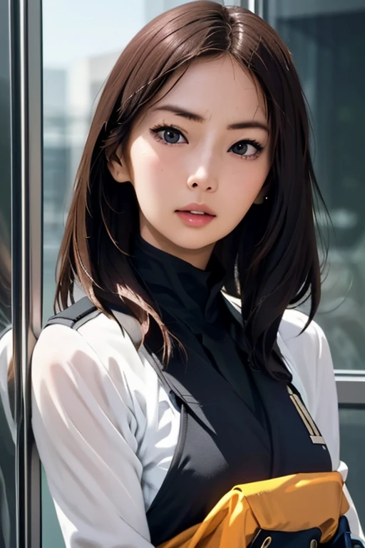 survival game、Black combat uniform、survival gameのフィールド、A beautiful girl is holding a pistol、head to waste、
