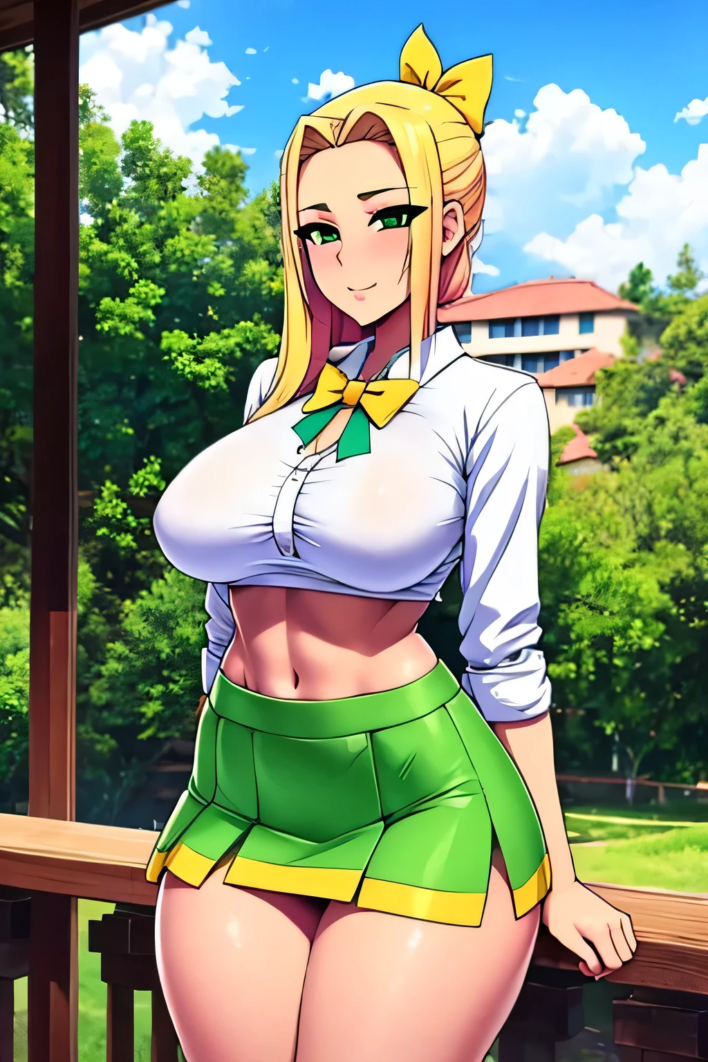 A  girl Sexy youth beautiful attractive beautiful yellow hair long manchon forehead pink bow her green eye dresses white blouse tied knot shows navel curve wide sexy and her green skirt short black heel 