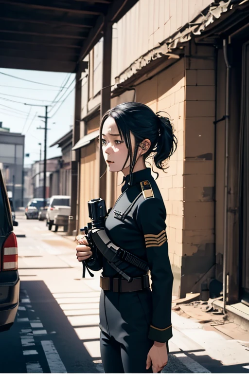 survival game、Black combat uniform、survival gameのフィールド、A beautiful girl is holding a pistol、head to waste、