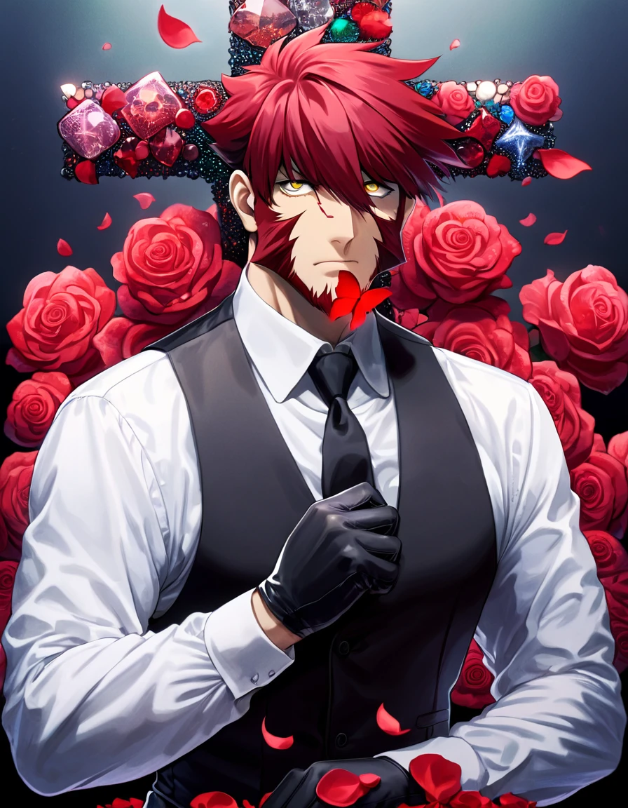 absurdres, highres, ultra detailed, HDR, master piece, best quality, extremely detailed face and eyes, Klaus Von Reinhertz, red hair, expressive yellow eyes, Kekkai Sensen, solo, sexy man, handsome, white shirt, black vest, black gloves, cross, red butterflies, petals, magical, fantasy, red roses