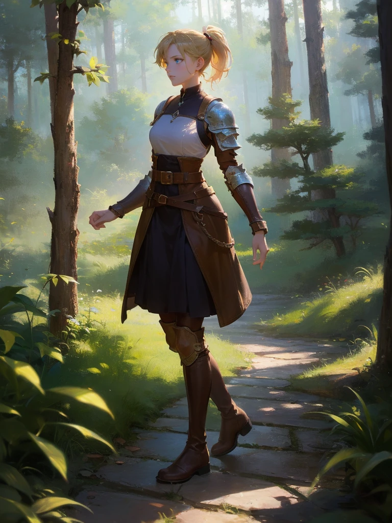 masterpiece, best quality, rpg character art, epic fantasy art style, 1 woman, Emily, 18 year old woman, mature and confident demeanor, full body fantasy concept art, blond hair tied in a loose ponytail, hair comes down to her mid-back, crystal blue eyes, high detail, wearing light armor (olive green long-sleeve dress, brown leather belt, knee-high brown leather boots, long loose ssleeves tuck into leather wrist guards), attire is modest but feminine, the dress is a medieval style and is fit for an adventure, intricate details, ultra high resolution, sharp focus, HD, 8k, clear facial features, clear details, clearing in a forest bacground