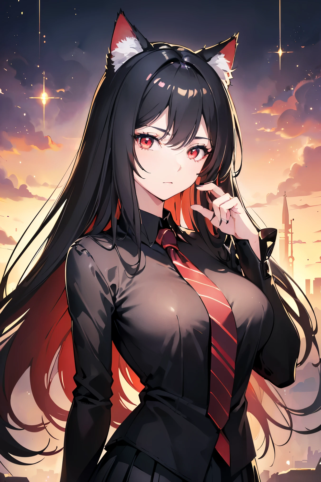 (Cat girl), (smoking), cat ears, black hair, business casual attire, cool, red dress shirt, pretty red eyes, cat tail, ((Crimson Red Eyes eyes: 1.3, Upturned Eyes: 1, Perfect Eyes, Beautiful Detailed Eyes, Gradient eyes: 1, Finely Detailed Beautiful Eyes: 1, Symmetrical Eyes: 1, Big Highlight On Eyes: 1.2)), (((Lustrous Skin: 1.5, Bright Skin: 1.5, Skin Fair, Shiny Skin, Very Shiny Skin, Shiny Body, Plastic Glitter Skin, Exaggerated Shiny Skin, Illuminated Skin))), (Detailed Body, (Detailed Face)), (((Skirt))), High Resolution, Sharp Focus, Ultra Detailed, Extremely Detailed, Extremely High Quality Artwork, (Realistic, Photorealistic: 1.37), 8k_Wallpaper, (Extremely Detailed CG 8k), (Very Fine 8K CG), ((Hyper Super Ultra Detailed Perfect Piece)), (((Flawless masterpiece))), Illustration, Vibrant Colors, (Intricate), High Contrast, Selective Lighting, Double Exposure, HDR (High Dynamic Range), Post-processing, Background Blur, (Sexy pose), (Mature woman), big sis