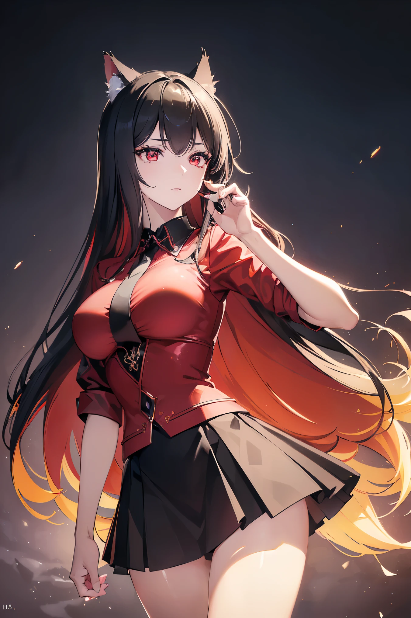 (Cat girl), (smoking), cat ears, black hair, business casual attire, cool, red dress shirt, pretty red eyes, cat tail, ((Crimson Red Eyes eyes: 1.3, Upturned Eyes: 1, Perfect Eyes, Beautiful Detailed Eyes, Gradient eyes: 1, Finely Detailed Beautiful Eyes: 1, Symmetrical Eyes: 1, Big Highlight On Eyes: 1.2)), (((Lustrous Skin: 1.5, Bright Skin: 1.5, Skin Fair, Shiny Skin, Very Shiny Skin, Shiny Body, Plastic Glitter Skin, Exaggerated Shiny Skin, Illuminated Skin))), (Detailed Body, (Detailed Face)), (((Skirt))), High Resolution, Sharp Focus, Ultra Detailed, Extremely Detailed, Extremely High Quality Artwork, (Realistic, Photorealistic: 1.37), 8k_Wallpaper, (Extremely Detailed CG 8k), (Very Fine 8K CG), ((Hyper Super Ultra Detailed Perfect Piece)), (((Flawless masterpiece))), Illustration, Vibrant Colors, (Intricate), High Contrast, Selective Lighting, Double Exposure, HDR (High Dynamic Range), Post-processing, Background Blur, (Sexy pose), (Mature woman), big sis