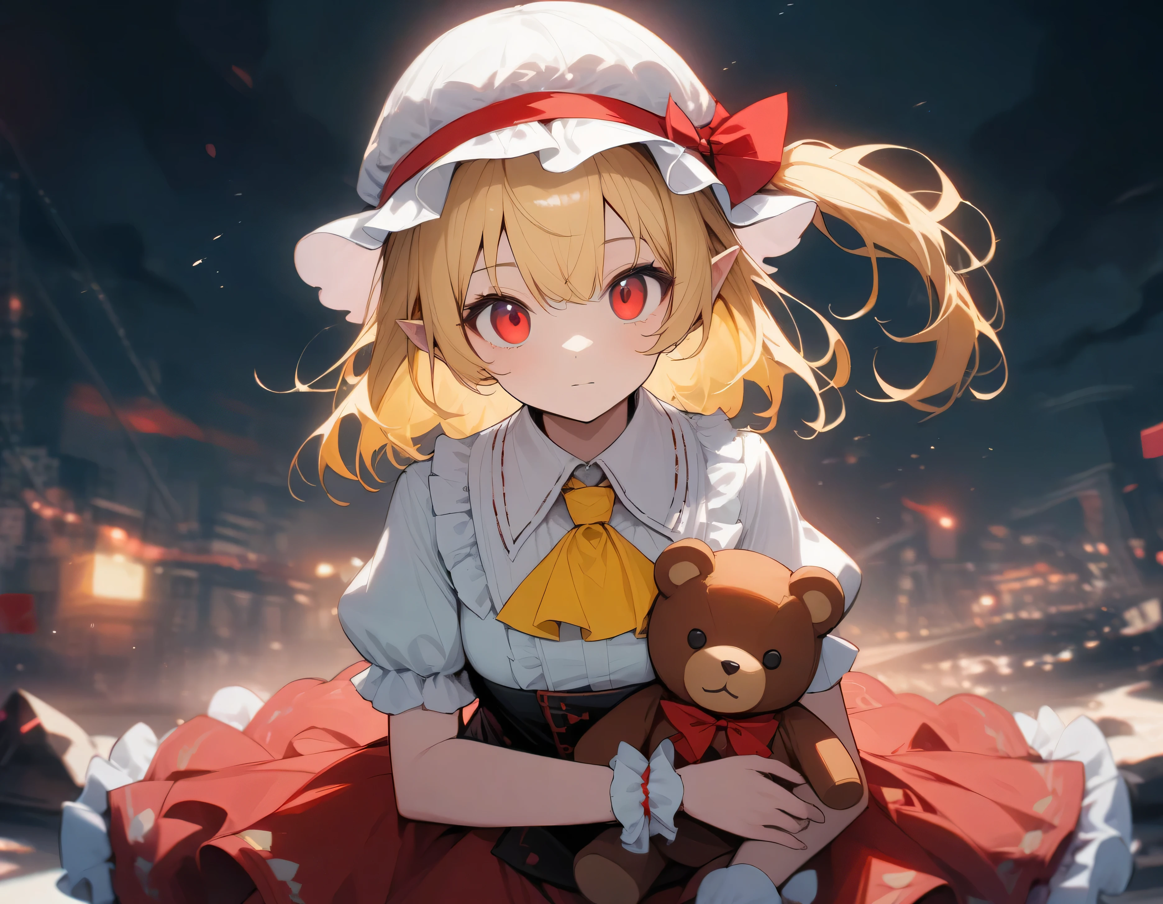 One Girl, Flanders Scarlet, East, teddy bearをもっている, Holding stuffed toy, Mob Cap, alone, Blonde Hair, stuffed toy, red Highest, wing, Animal stuffed toys, teddy bear, Red eyes, crystallization, Highest, White Hat, Outdoor, The night when the Sky Hat Stand looks at the camera, Short sleeve, One side up, Holding, Puffy sleeves, skirt, shirt, Pointy Ears, red skirt, Show Viewer, puffy Short sleeve, Ascot, yellow Ascot, Wrist cuff, white shirt, bow, Frills, red bow, collared shirt, ribbon, frilled shirt collar, red ribbon, Medium Hair Masterpiece, Highest quality, so beautiful, Absurd,