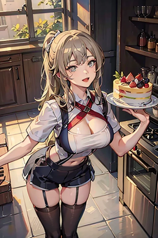 (dynamic angle:1.3, front view:1.1, breast focus:1.3, from above:1.1), (dynamic posing:1.2, sexy posing:1.2), (seductive smiling:1.3), ((looking at cake,Taking a cake out of the golden oven, worried about the outcome:1.2)),highest quality、(real、photorealistic:1.4),(ultra high resolution, 8K RAW photo, clear focus), best qualtiy, natural lighting, field depth, (Bright pupils, detailed beautiful eyes, high detailed face), Red lip, (tight focus:1.2), a girl 22yo old, Wearing a pastry chef uniform:1.3 , Thicc, thin breast, long hair, blue eyes,garter stocking, cleavage:1.2, midriff, black shorts, black thighhighs, thigh strap, pretty girl, (highly detailed beautiful face and eyes,firm breasts),real skin,((black,hair,long pony tail hair)),thin pubic hair,cute,lovely, detailed eyes,(double breasted:1.0,under bust:1.0),(with sparkling eyes and a contagious smile),open mouth, Looking at Viewer,A scene of cooking in the kitchen,looking at the golden oven