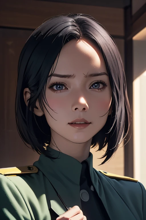 survival game、Black combat uniform、survival gameのフィールド、A beautiful girl is holding a pistol、head to waste、