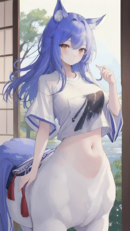 (best quality, masterpiece), 1 girl, centaur, It takes,White skin, Japanese , belly button t-shirt, 아름다운 소녀 perfect wolf photo, perfect wolf photo