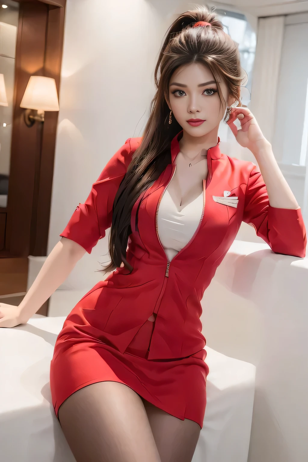 AirAsia red jacket uniform、Long hair down to the legs、Dark brown hair、Hair tied up、Tie your hair back in a ponytail、ponytail、Red rubber band、Luxury earrings、Captivating look、Blue Eyes、22 year old Asian female