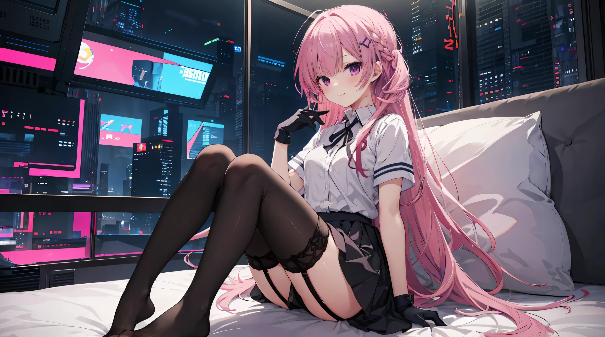A girl,Solitary,Pink long hair,Moderate,Smile,Medium-length hair,Messy hair,Short sleeve,Short sleeve game clothes,Black skirt,Black gloves,Cyberpunk Characters,night, Anime style 4K, Sitting on the sofa,indoors,In the bedroom,Black stockings,black garter straps,No shoes,mitsukasa ayase、character-centered