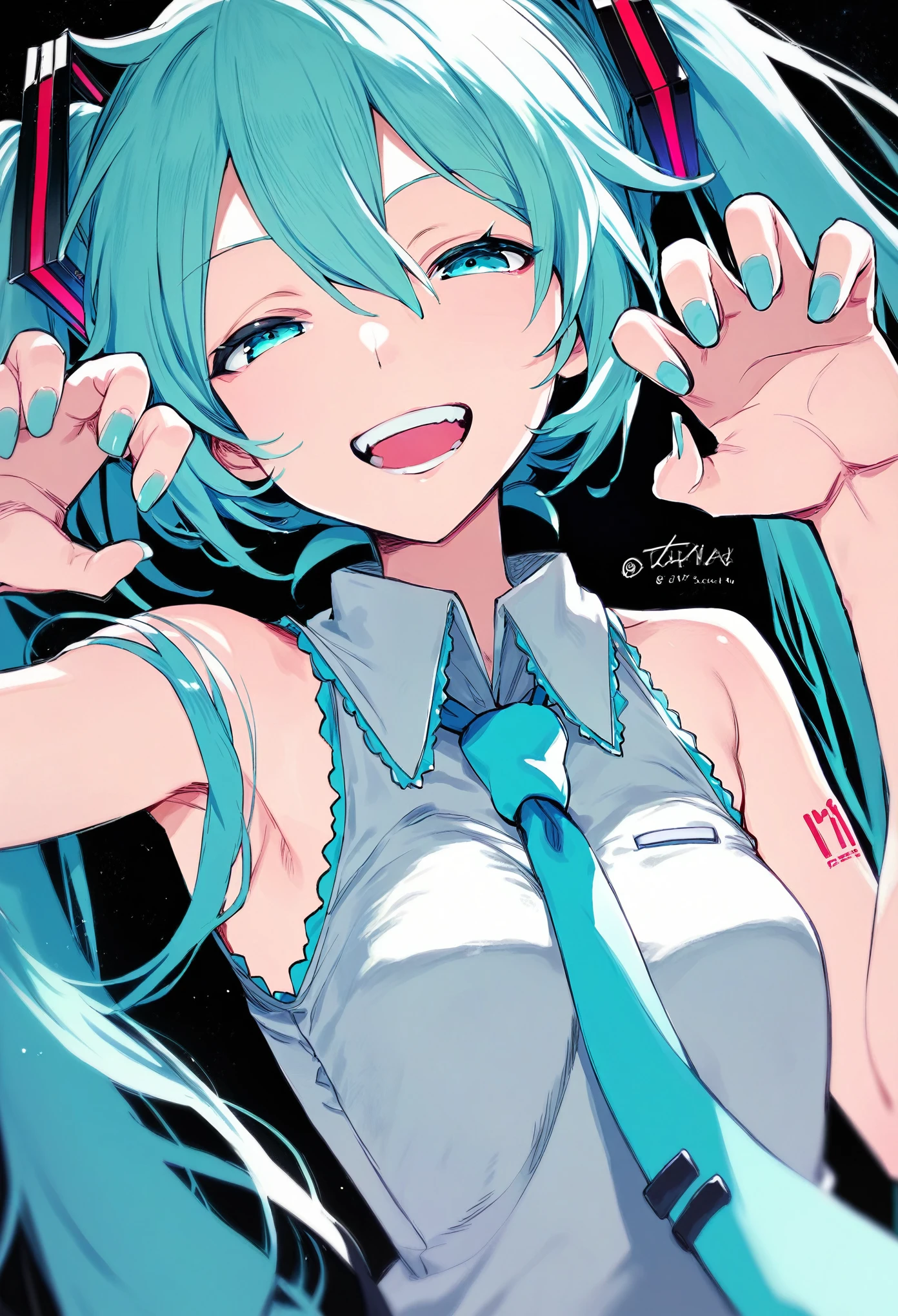 score_9, score_8_up, score_7_up, score_6_up, tatata_style BREAK
hatsune miku, 1girl, :d, claw pose, hair between eyes, hand up, looking at viewer, open mouth, raised eyebrows, sleeveless shirt, smile, solo, teeth, upper body, upper teeth only, very long hair, aqua nail polish, half-closed eyes , black background
