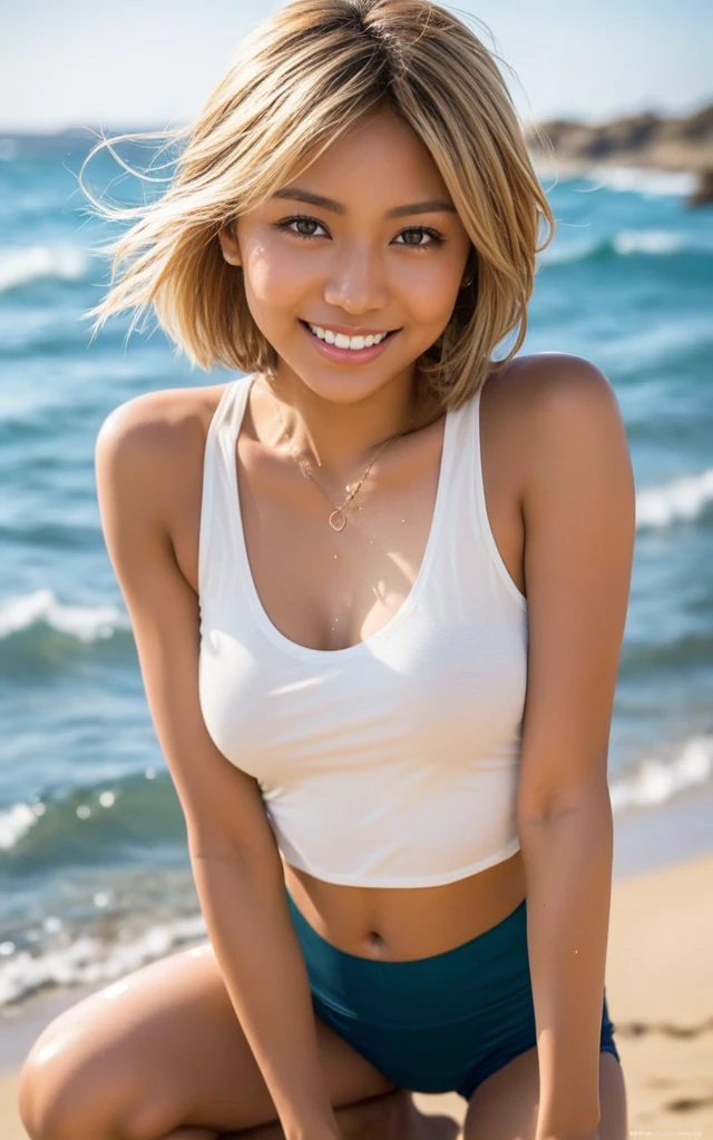 Blue Bikini、Swimming in the sea、Ample breasts、The best smile、Gal jumping on the beach、Tanned Gal、Gal with wet hair、Low angle shooting、No makeup gal、ショートヘアBlonde Gal、(8k、RAWE Photo、Highest quality、masterpiece:1.2)、(Real、Photorealistic:1.37)、Short Hair Gal、Blonde bitch gal、ブロンドShort Hair Gal、Blonde Gal、(8k、RAWE Photo、Highest quality、masterpiece:1.2)、(Real、Photorealistic:1.37)、From the perspective of Japanese gals、32 years old