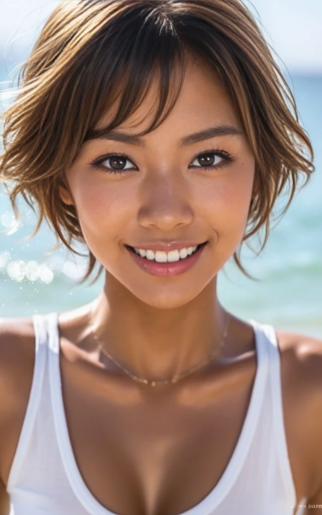 yoga pose on the seaside beach, gyaru, dark-skinned, (shiny oiled skin:1.2), Sony α7, 35mm Lens, f1.8, film grain, soft lighting, wearing cropped tanktop, blond hair, short cut hair, sunshine, deep fog, water splash, shining particles, smiling, extreme close up face